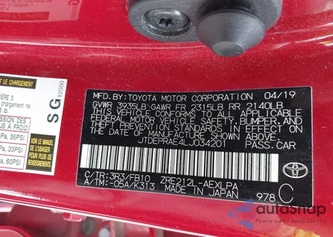 2020 Toyota Corolla Le from USA, damaged, VIN JTDEPRAE4LJ034201